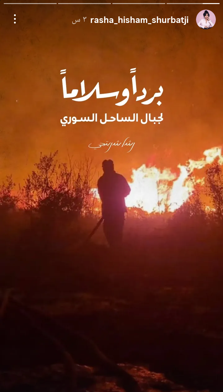 حرائق غابات اللاذقية الفنون السوريون رشا شربتجي روعة السعدي يارا قاسم سوسن ميخائيل نقابة الفنانين السوريين
