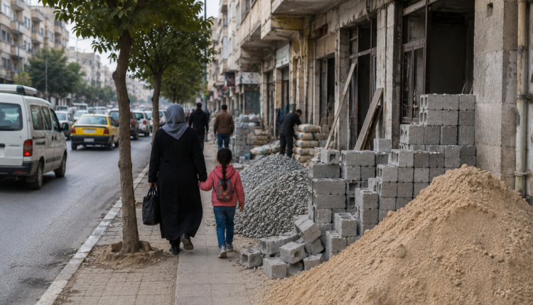 مواد البناء تحتل الأرصفة في سوريا.. فوضى عمرانية تدفع المشاة إلى الشوارع وتكشف ضعف الرقابة